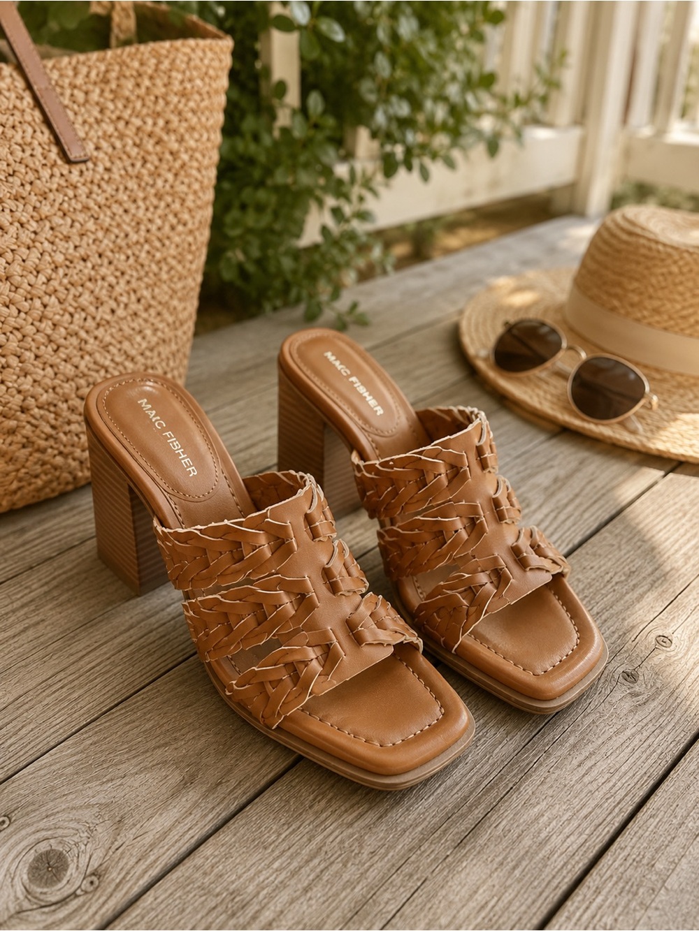Marc Fisher Woven Block Heel Sandals 6.5 Brown Square Toe Mules